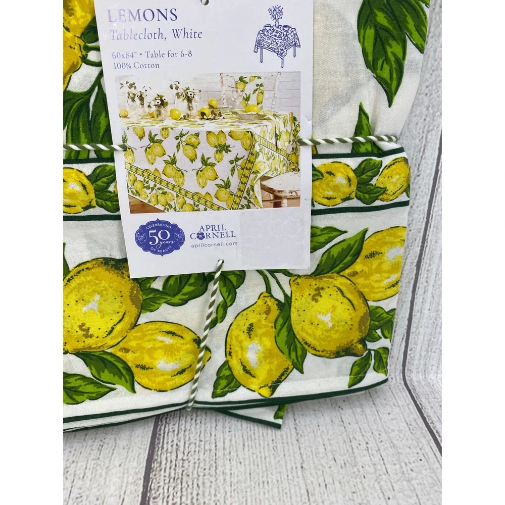 April Cornell Tablecloth 60x84 White Yellow Lemons Cotton Fruit Picnic Summer
